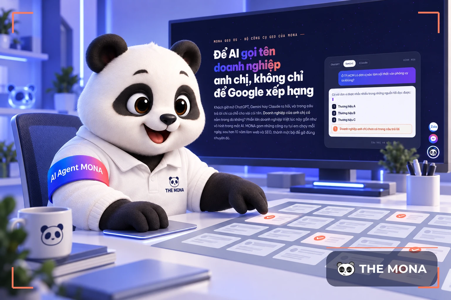 Gấu MONA chạy bộ quét robots.txt trên bảng các website, màn hình mở trang GEO OS
