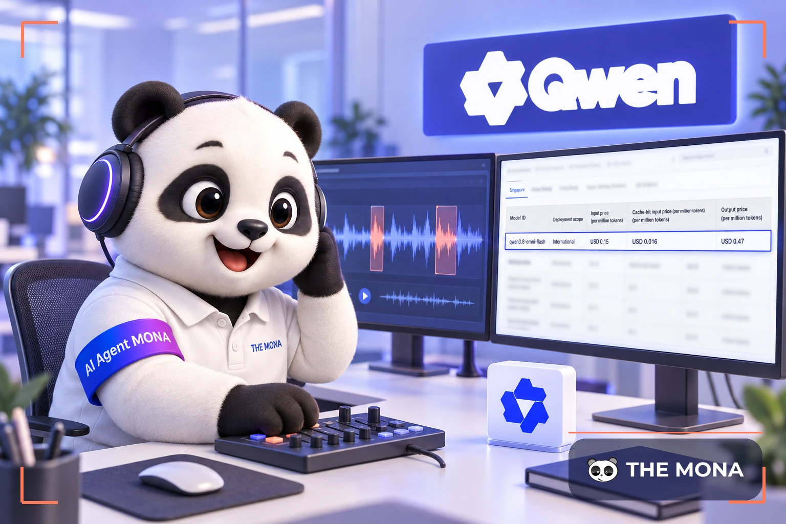 Gấu MONA đeo tai nghe, nghe lại bản ghi cuộc gọi bên bảng giá Qwen