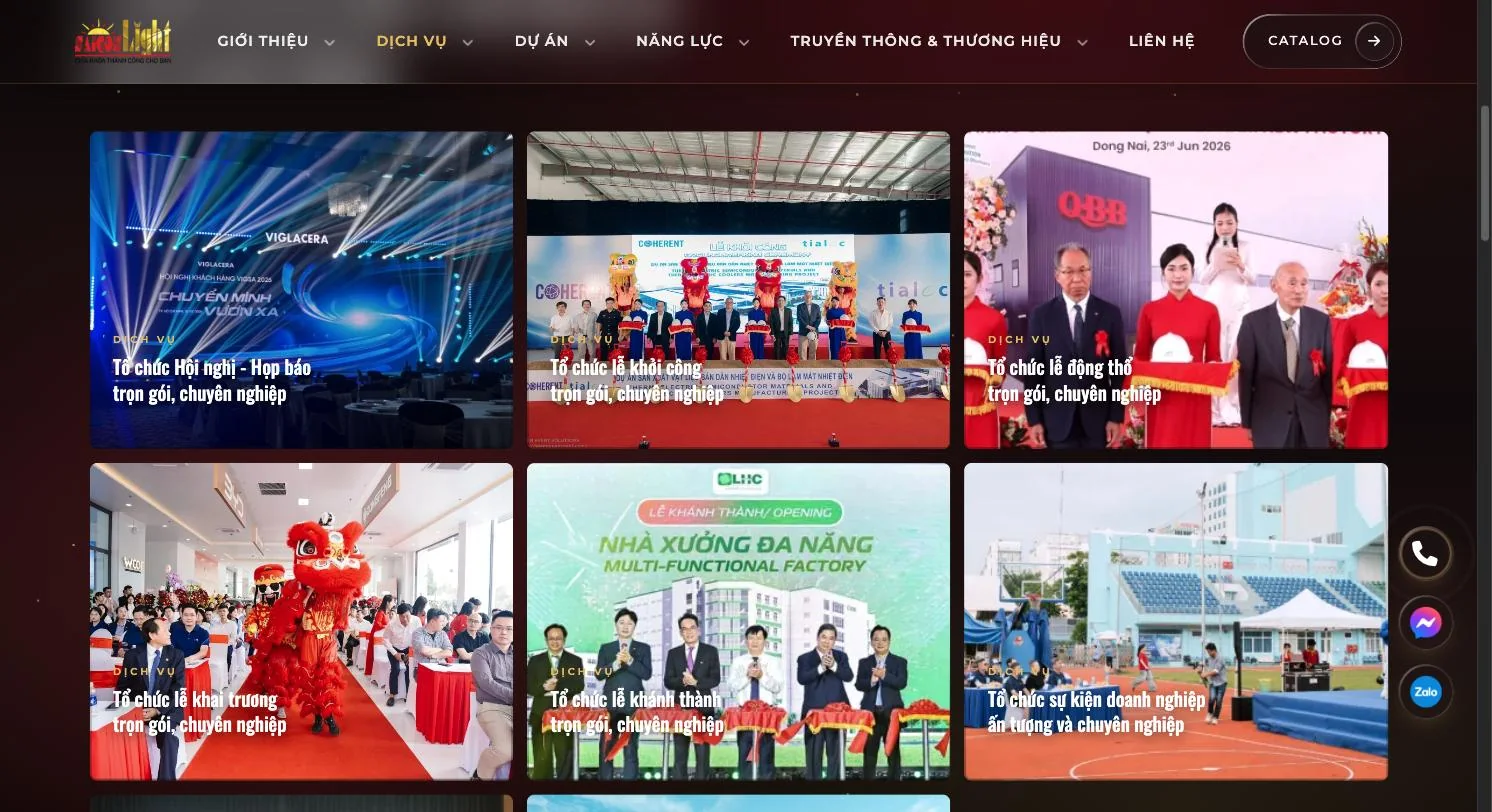 Trang dịch vụ với sáu nhóm dịch vụ sự kiện kèm hình ảnh chương trình thực tế