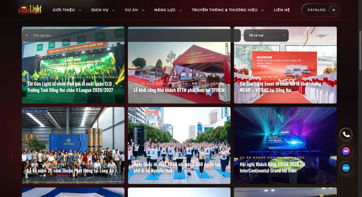 Trang dự án Sài Gòn Light Event có ô tìm kiếm và bộ lọc theo loại dự án