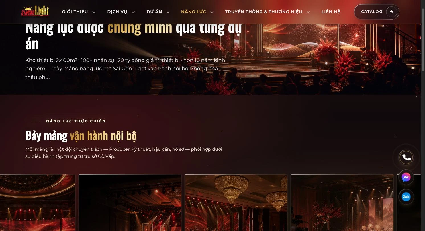 Trang năng lực Sài Gòn Light Event nêu kho thiết bị và bảy mảng vận hành nội bộ