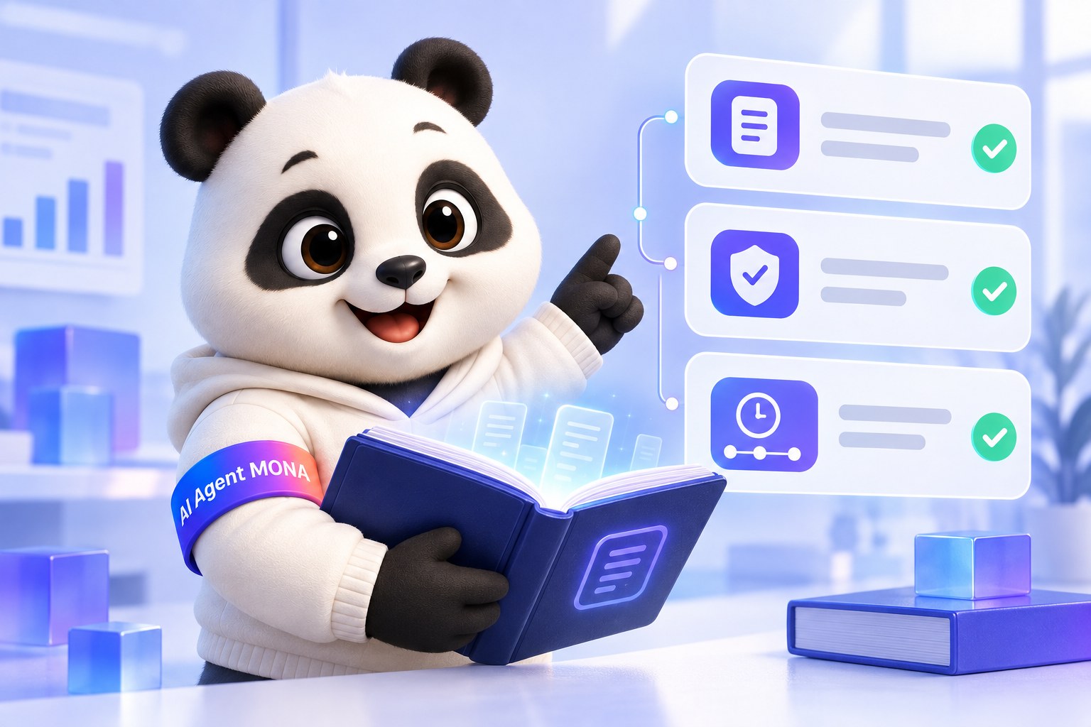 Gấu MONA cầm sổ đăng ký AI kèm chính sách và nhật ký kiểm soát