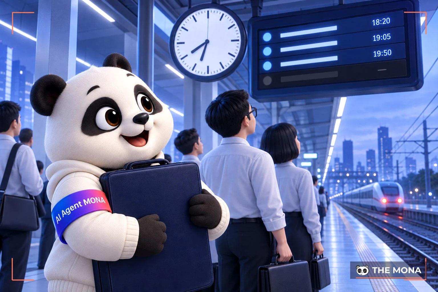 Gấu MONA nhìn đồng hồ ga khi đoàn tàu chuyển đổi số 2020 vừa rời