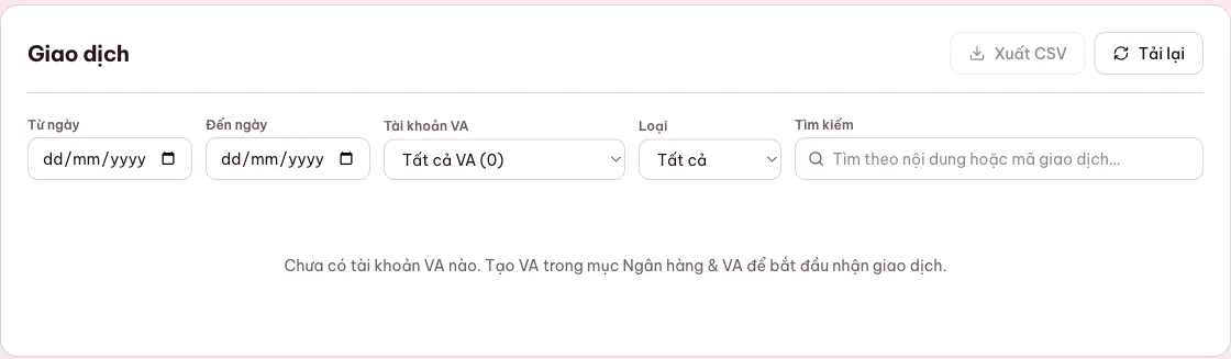 Sổ giao dịch MONA Pay có bộ lọc và tìm kiếm