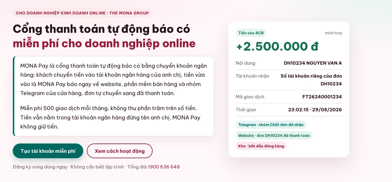 Giao diện MONA Pay minh họa tài khoản ngân hàng ảo nhận tiền