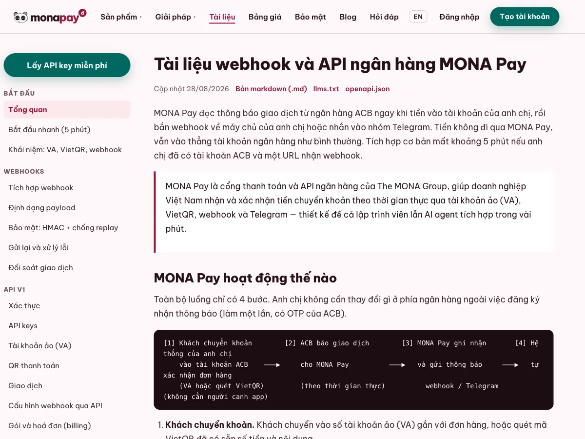 Tài liệu webhook và API ngân hàng dành cho lập trình viên