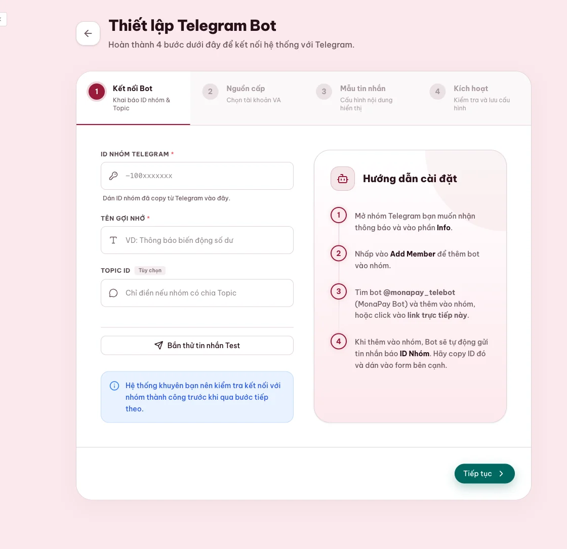 Cấu hình Telegram báo có cho từng tài khoản ngân hàng ảo