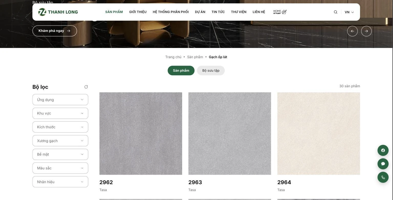 Danh mục gạch ốp lát với bộ lọc bảy trường bên trái và số sản phẩm còn lại