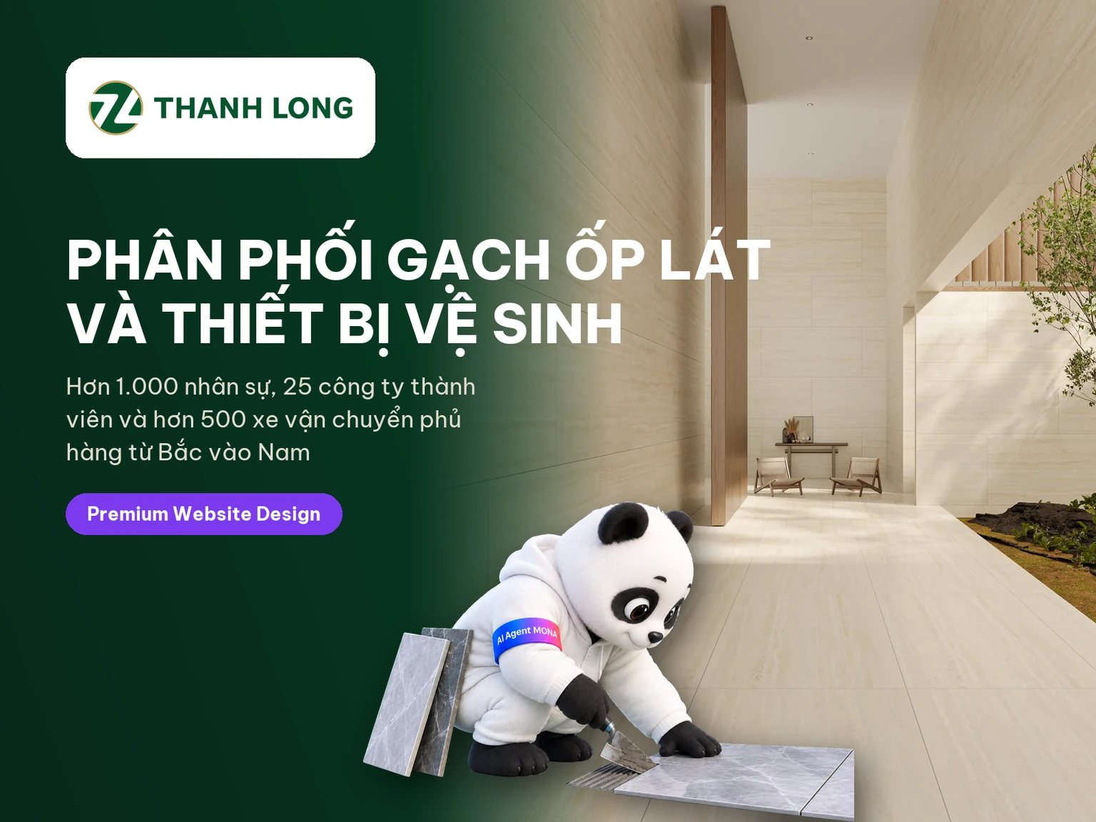 Gấu MONA cầm bay thợ hồ lát gạch trên thẻ dự án Thanh Long Group