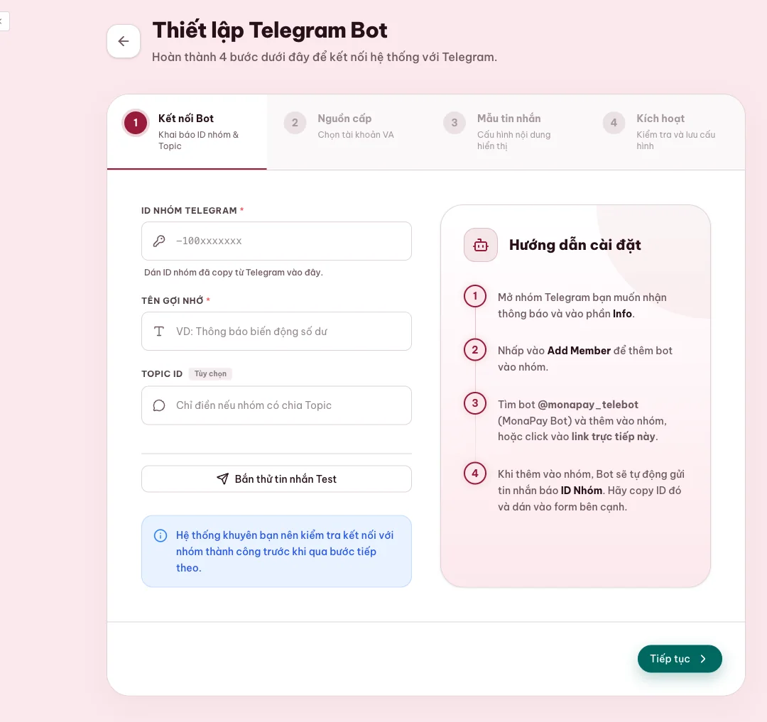 Màn hình nối nhóm và chủ đề Telegram với MONA Pay