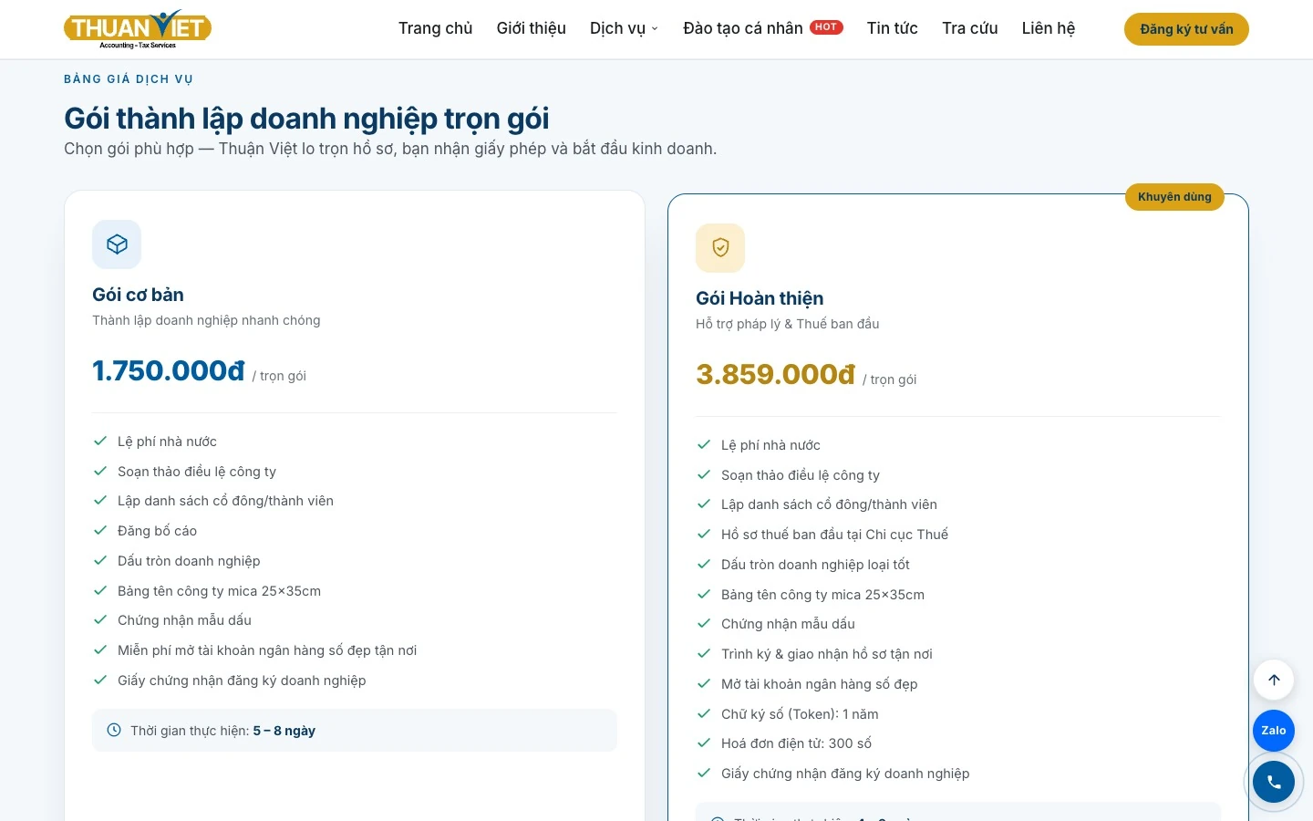 Hai gói thành lập doanh nghiệp trọn gói 1.750.000đ và 3.859.000đ