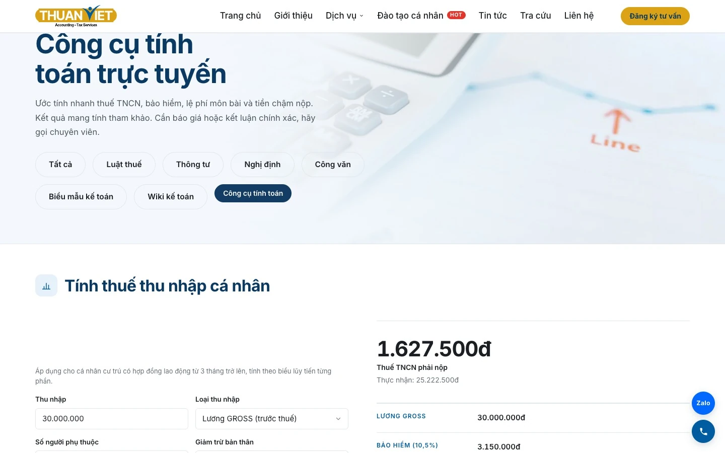 Công cụ tính thuế thu nhập cá nhân trực tuyến trên website Thuận Việt