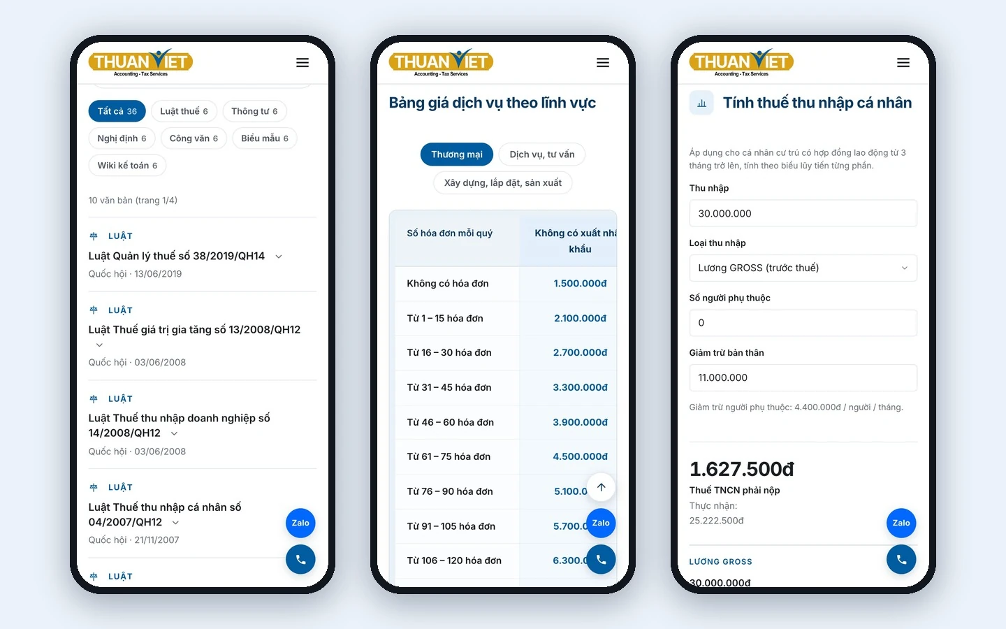 Ba màn mobile Thuận Việt: tra cứu văn bản, bảng giá kế toán và công cụ tính thuế