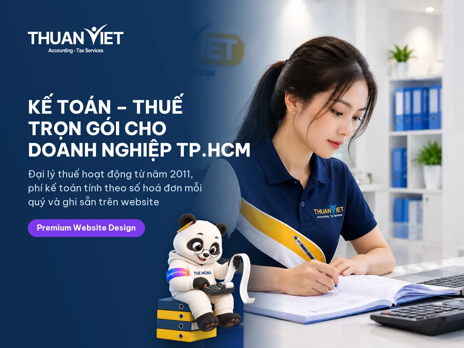 Gấu MONA đeo kính bấm máy tính trên chồng hồ sơ, thẻ dự án website Kế Toán Thuận Việt