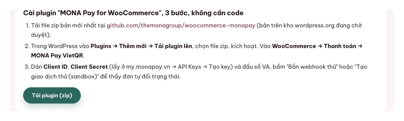 Ảnh chụp hướng dẫn cài plugin MONA Pay cho WooCommerce trong ba bước không cần lập trình
