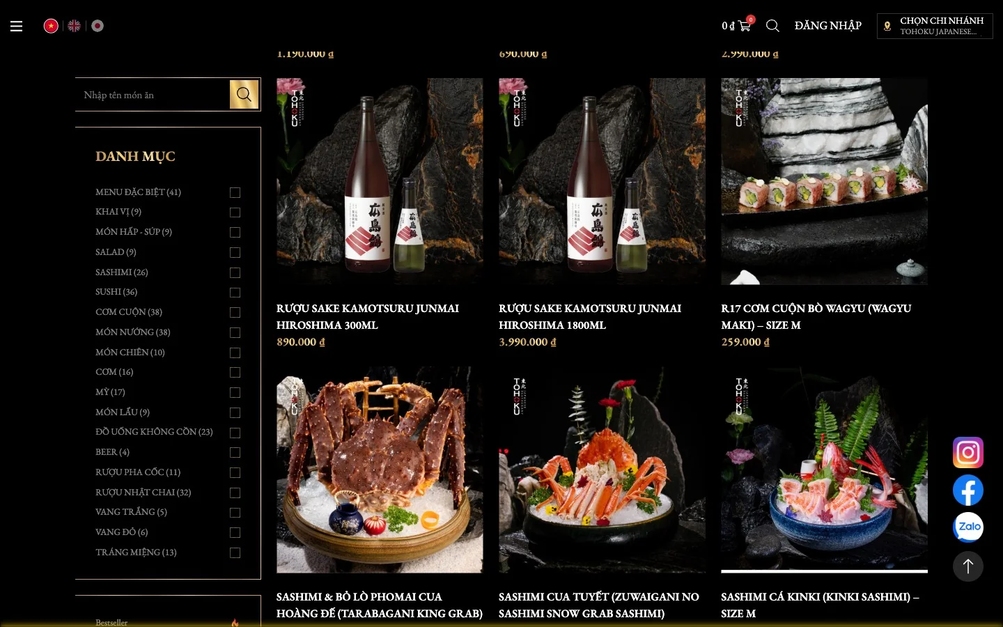 Trang menu Tohoku lọc theo danh mục món, mỗi món có giá và nút thêm vào giỏ
