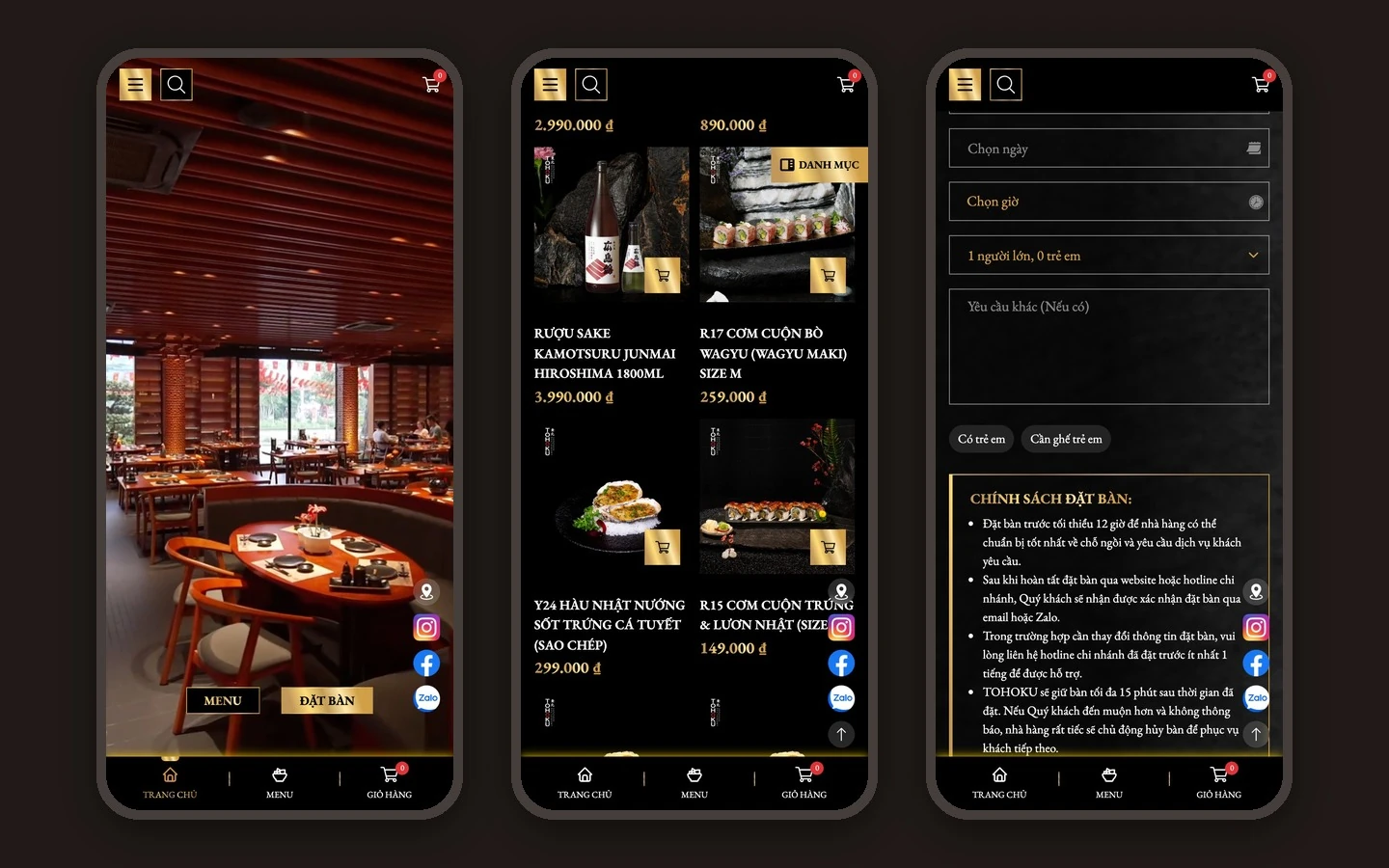 Ba màn mobile Tohoku: trang chủ, menu đặt món và form đặt bàn
