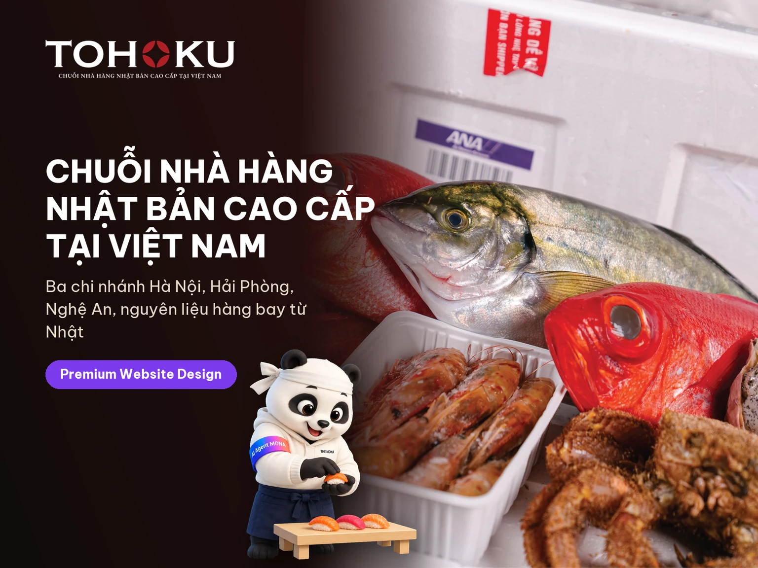 Gấu MONA đội khăn buộc trán nặn sushi trên thẻ dự án website nhà hàng Nhật Tohoku