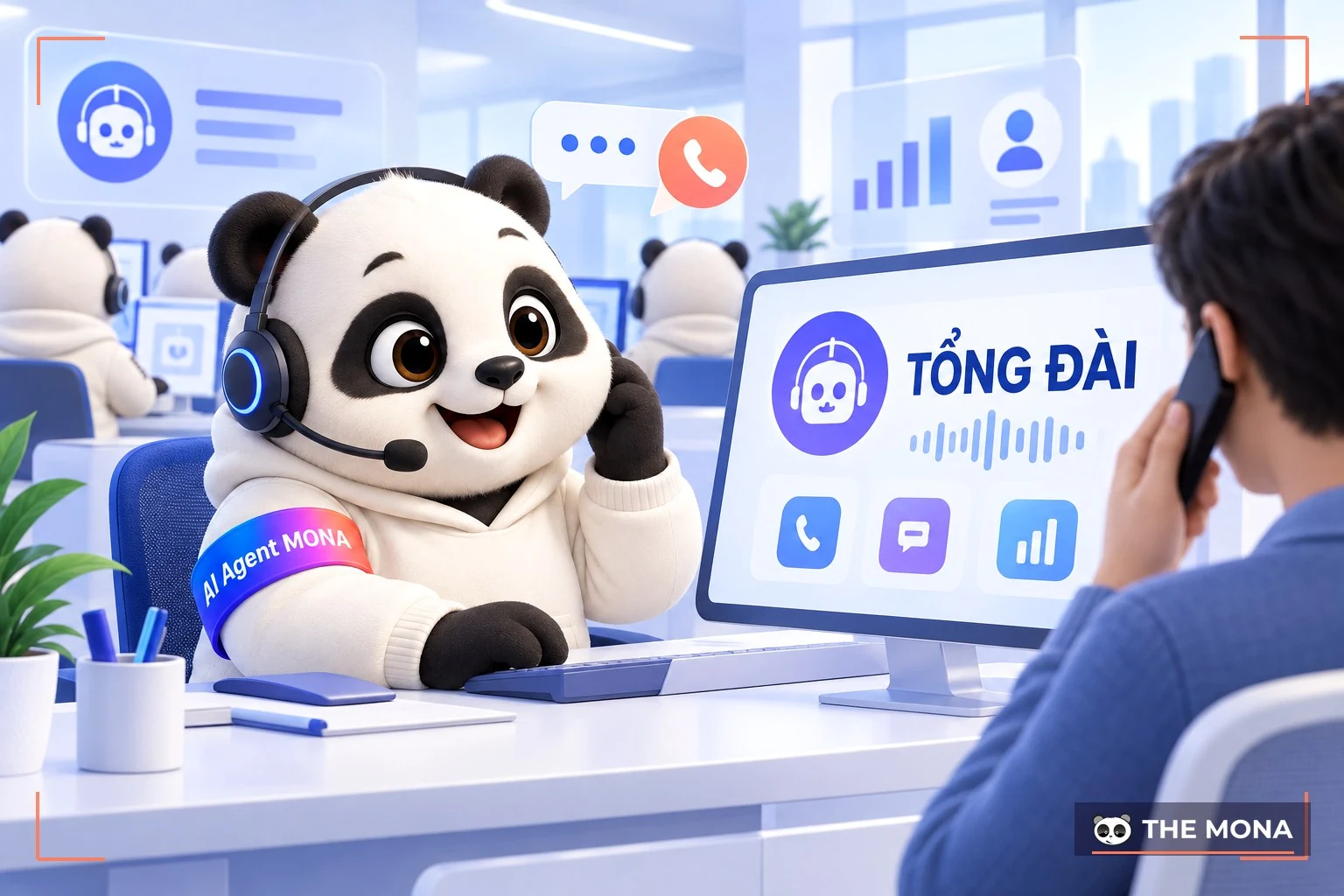 Gấu MONA trực tổng đài điện thoại hỗ trợ sự cố hạ tầng máy chủ cho