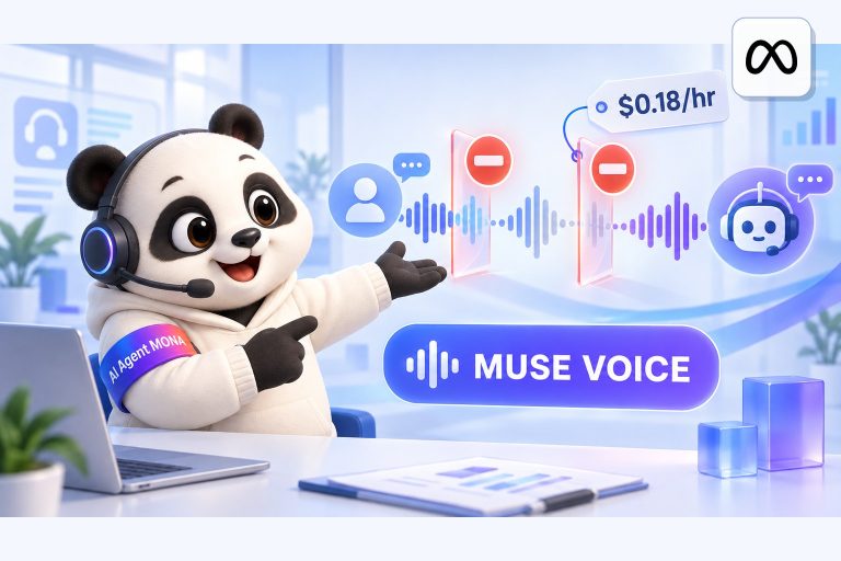MONA AI Lab — Meta Muse Voice tiếng Việt và hai giới hạn tổng đài, gấu AI Agent MONA đeo headset