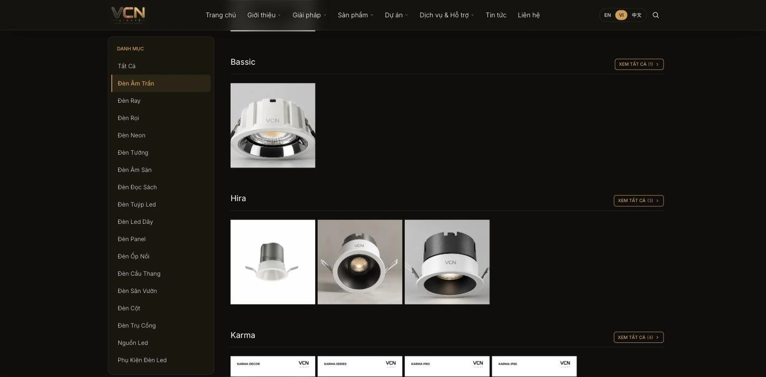 Danh mục đèn âm trần xếp theo dòng Bassic Hira và Karma của VCN Lighting