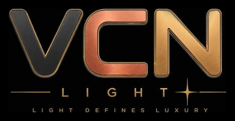 Logo thương hiệu VCN Lighting Solutions chữ ánh kim trên nền tối
