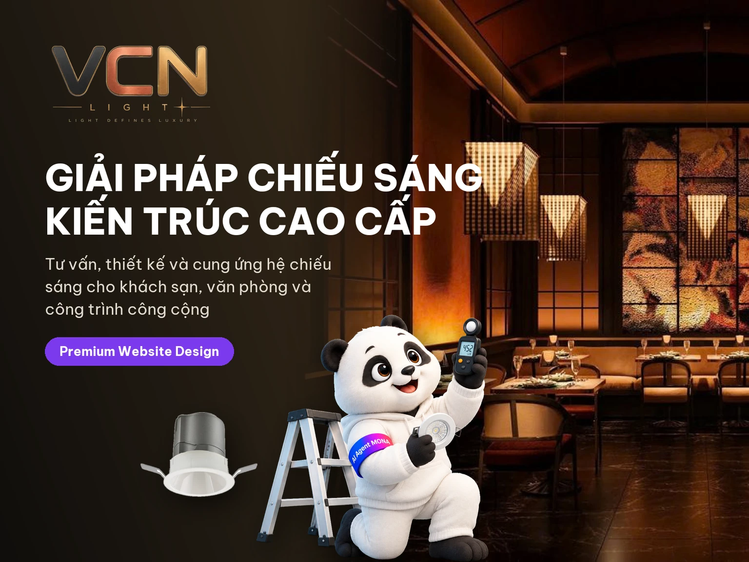 Gấu MONA cầm máy đo lux kiểm đèn âm trần trên thẻ dự án VCN Lighting