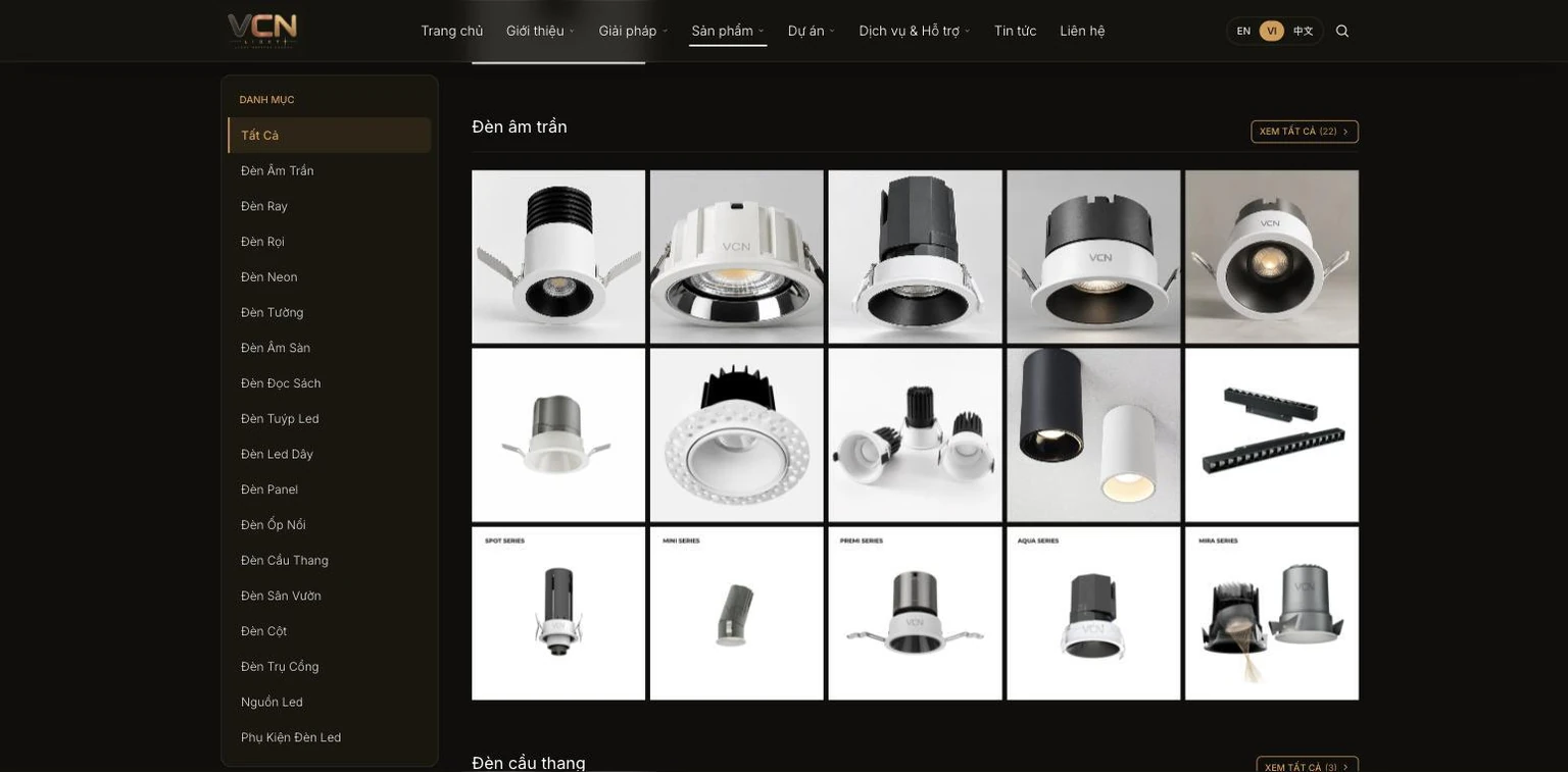 Trang sản phẩm VCN với cột danh mục mười tám loại đèn và lưới ảnh sản phẩm