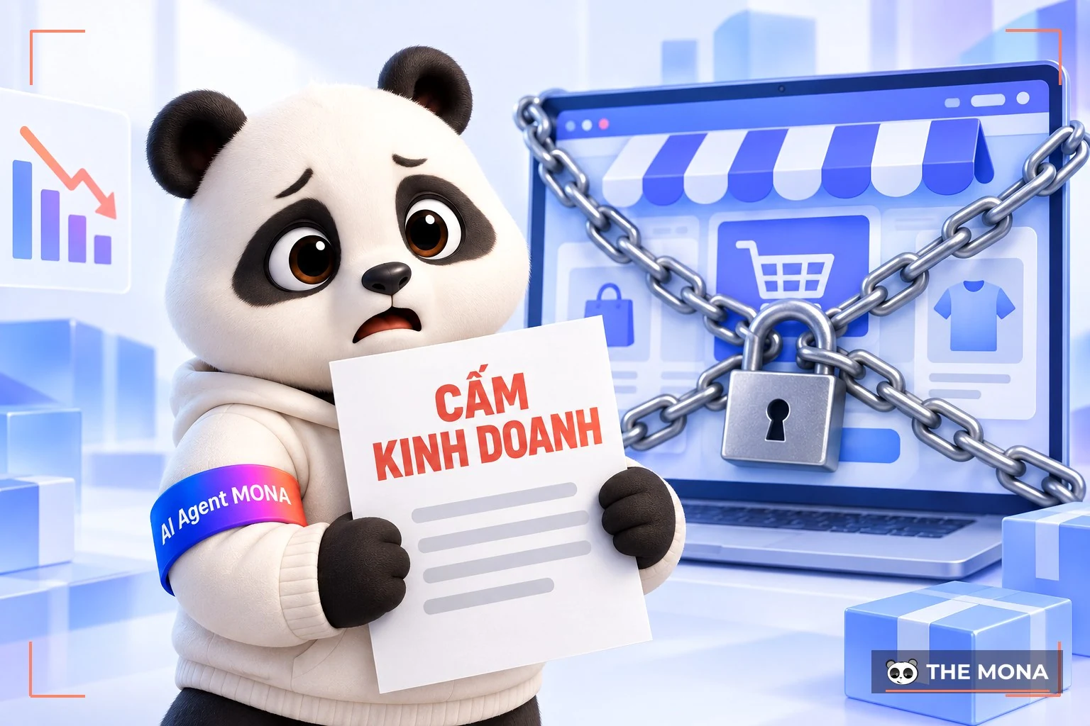 Gấu MONA đọc thông báo vi phạm điều khoản cấm thương mại trên trang bán hàng.