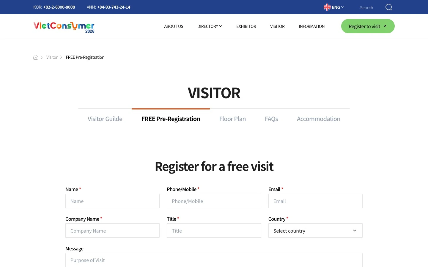 Form đăng ký tham quan miễn phí trên website VietConsumer