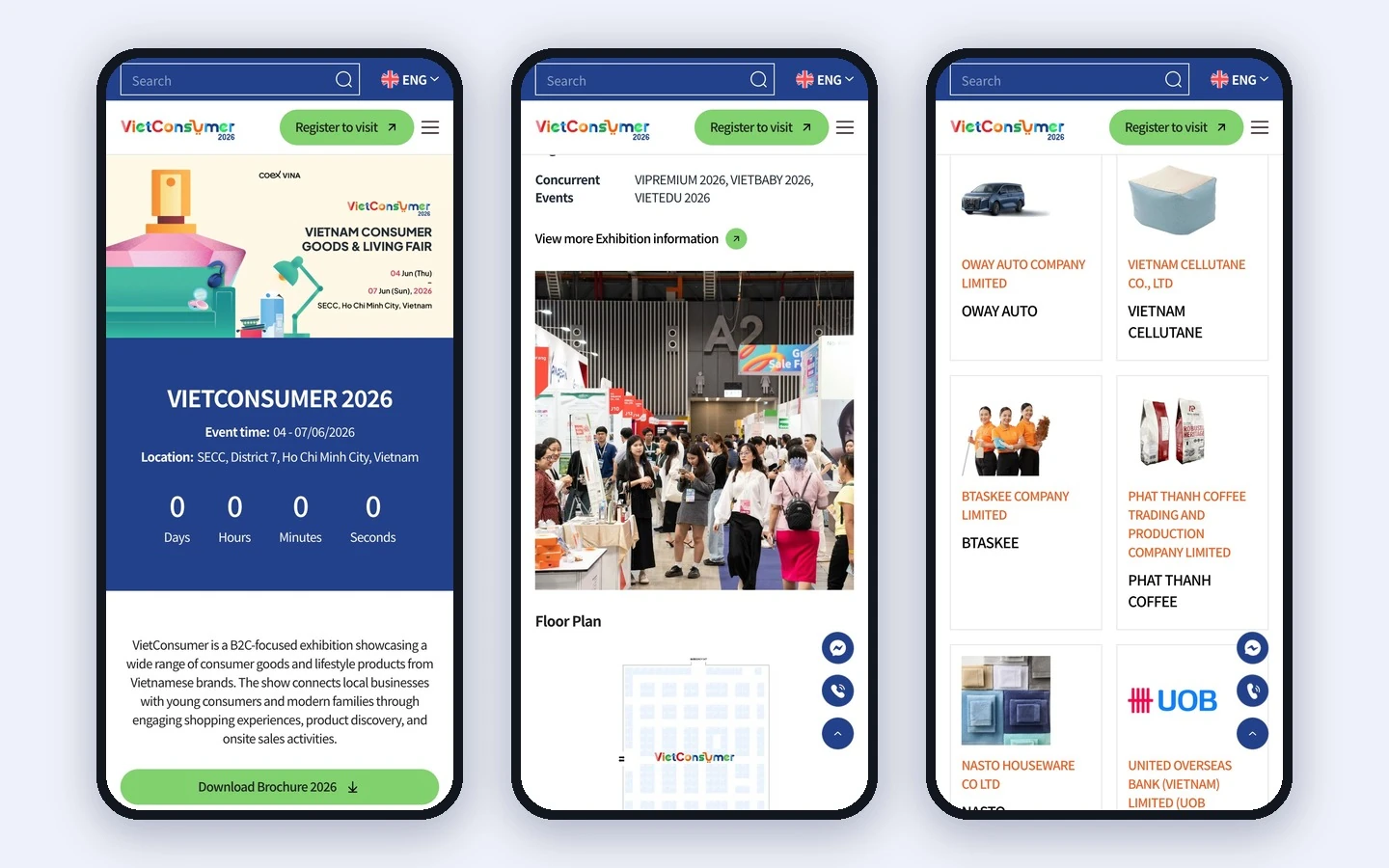 Ba màn mobile VietConsumer: đếm ngược, tổng quan triển lãm và danh bạ sản phẩm