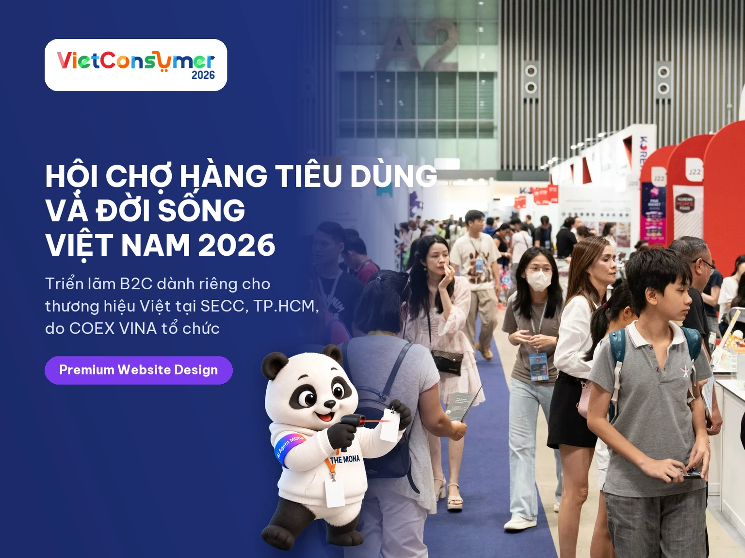 Gấu MONA quét thẻ khách tham quan trên thẻ dự án website hội chợ VietConsumer 2026