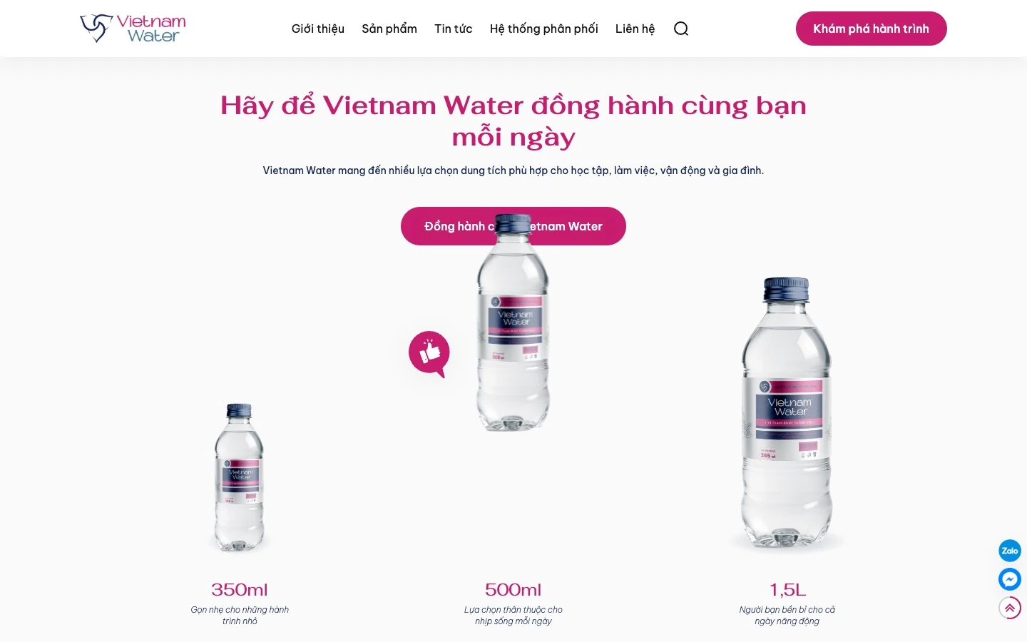 Ba dung tích 350ml, 500ml và 1,5L của Vietnam Water trên trang chủ
