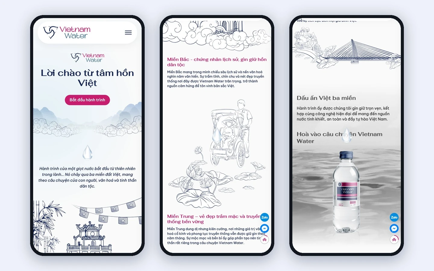 Ba màn mobile Vietnam Water: lời chào, câu chuyện ba miền và chai nước