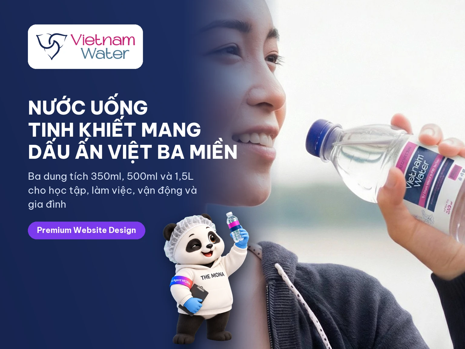 Gấu MONA đội mũ trùm tóc soi chai nước trên thẻ dự án website Vietnam Water