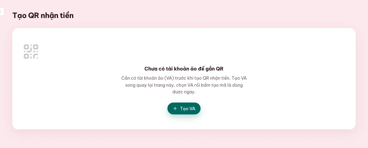 Màn hình tạo VietQR sau khi có tài khoản định danh