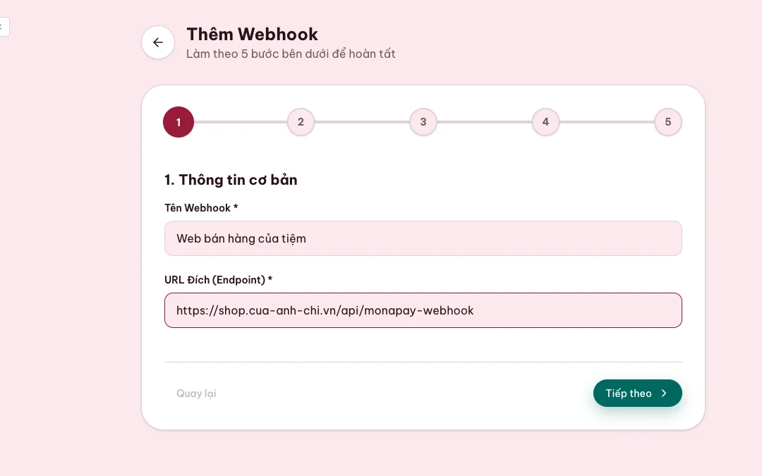 Bước khai báo địa chỉ webhook nhận giao dịch tài khoản ảo