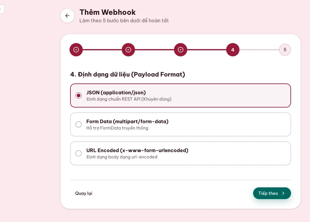 Bước chọn định dạng JSON cho payload webhook MONA Pay