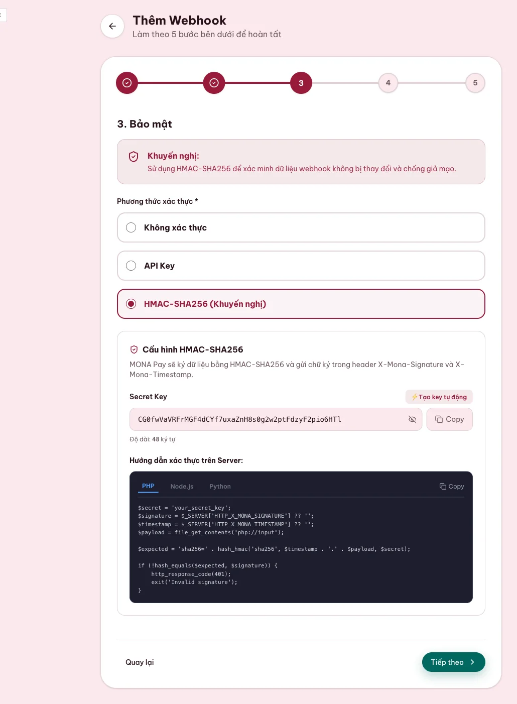 Bước chọn HMAC SHA256 và secret webhook dài 48 ký tự