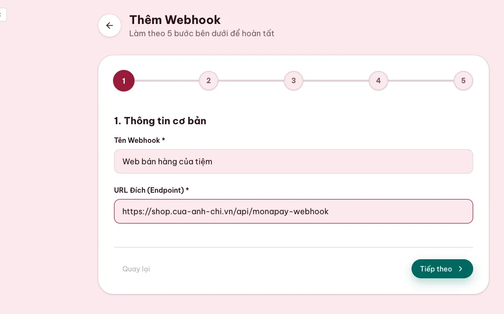 Bước nhập tên và địa chỉ nhận webhook trên MONA Pay