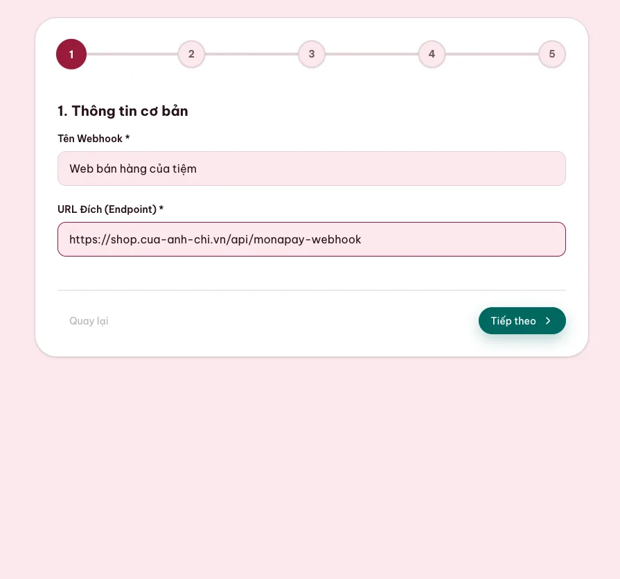 Wizard webhook nhập địa chỉ nhận thông báo tiền vào