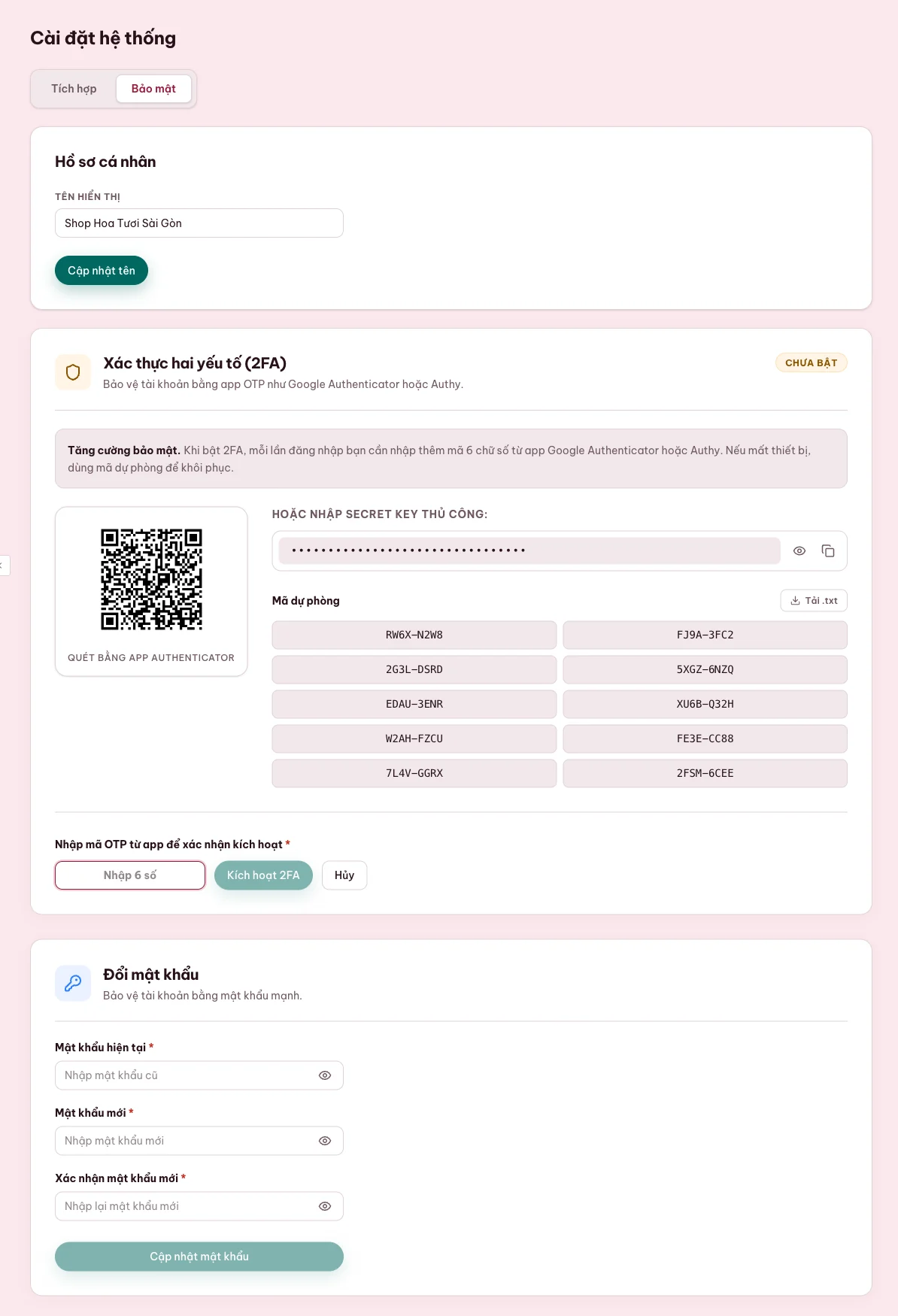 Màn hình bật xác thực hai lớp cho tài khoản MONA Pay