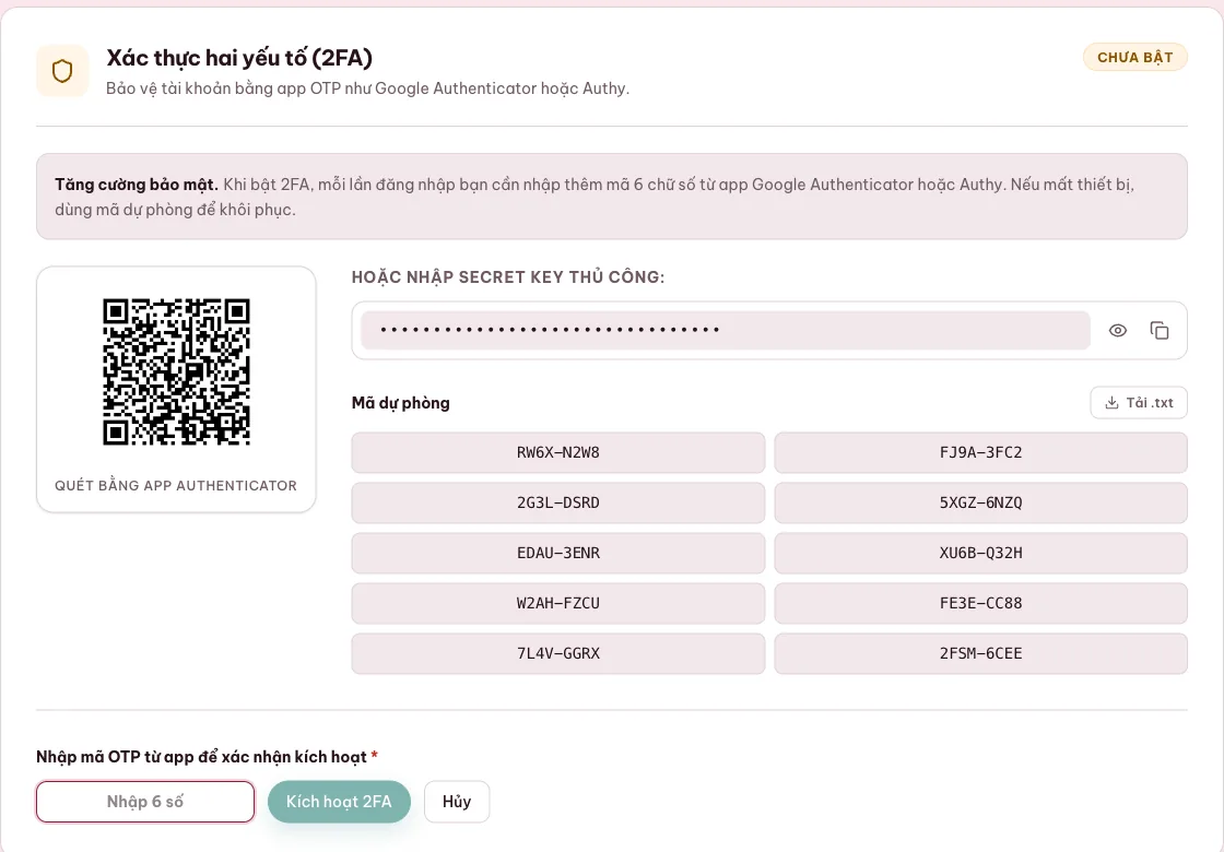 Thiết lập xác thực hai lớp và mã dự phòng MONA Pay