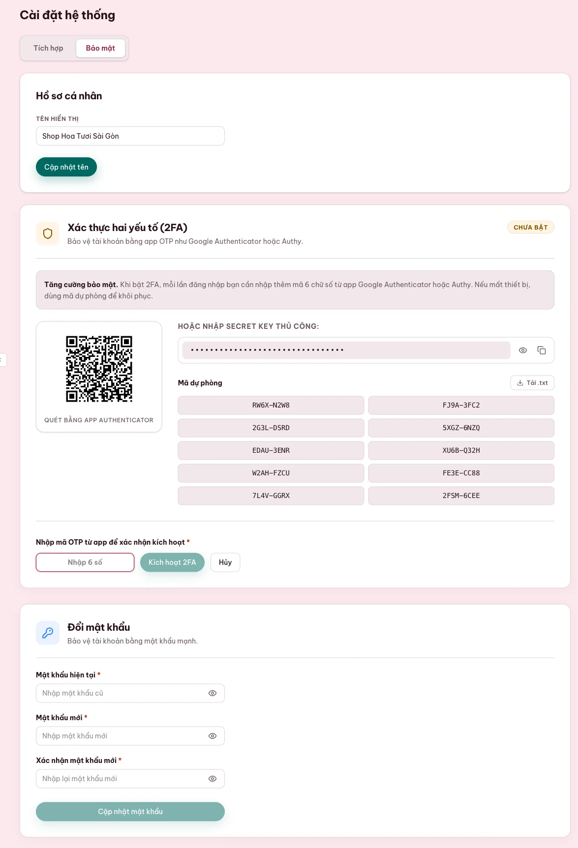 Màn hình bật xác thực hai lớp bằng QR và mã dự phòng