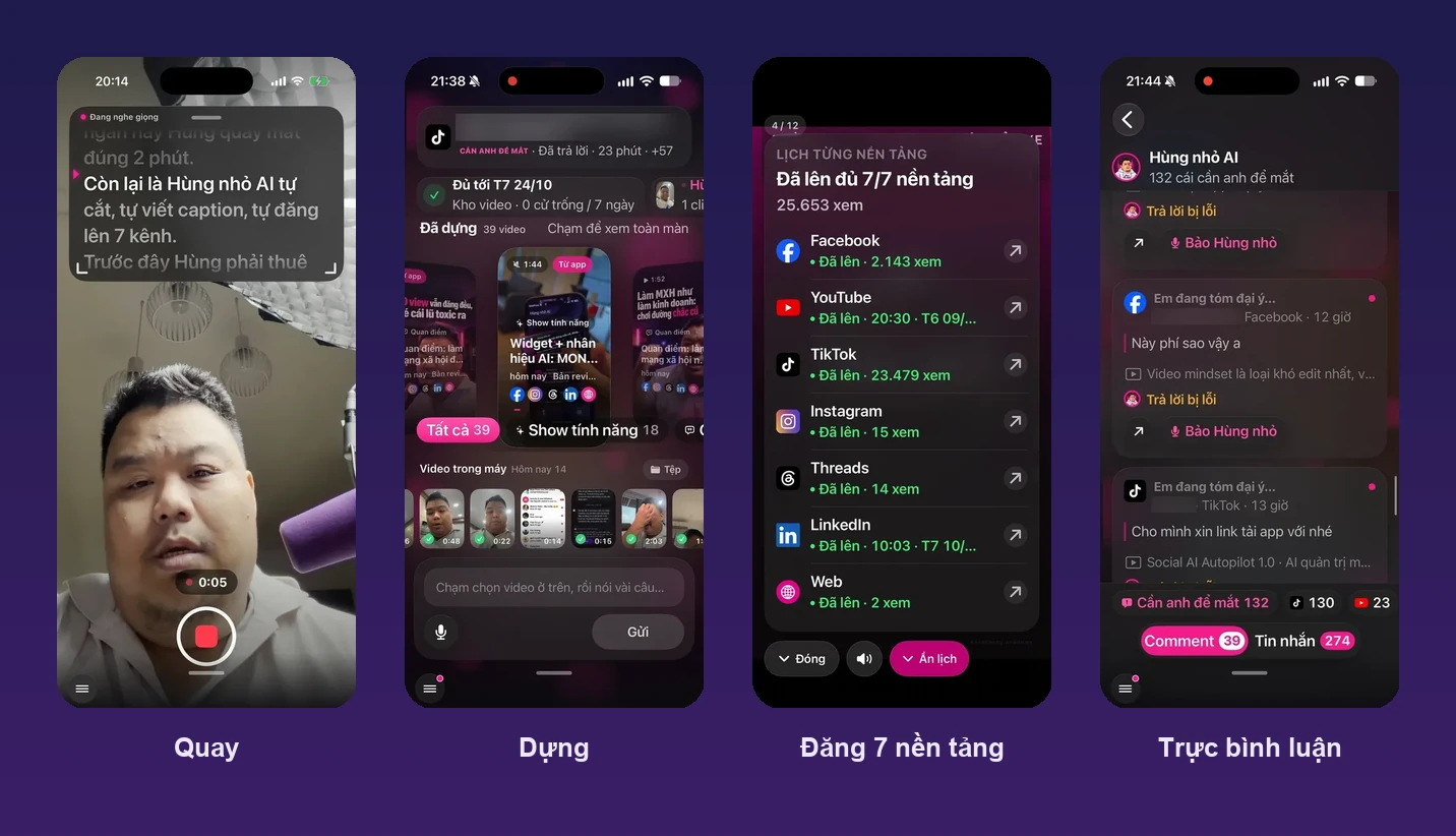 Bốn màn app ứng với bốn khâu của một video ngắn: quay, dựng, đăng và trực bình luận