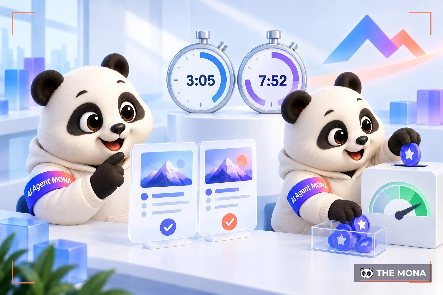 Hai đồng hồ 3:05 và 7:52, gấu MONA so hai kết quả gần như nhau