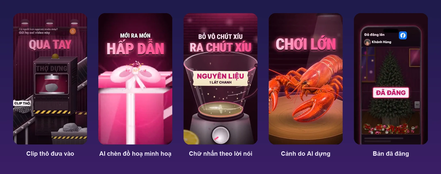 Năm khung hình từ clip thô tới video đã dựng bằng AI và đăng lên Facebook