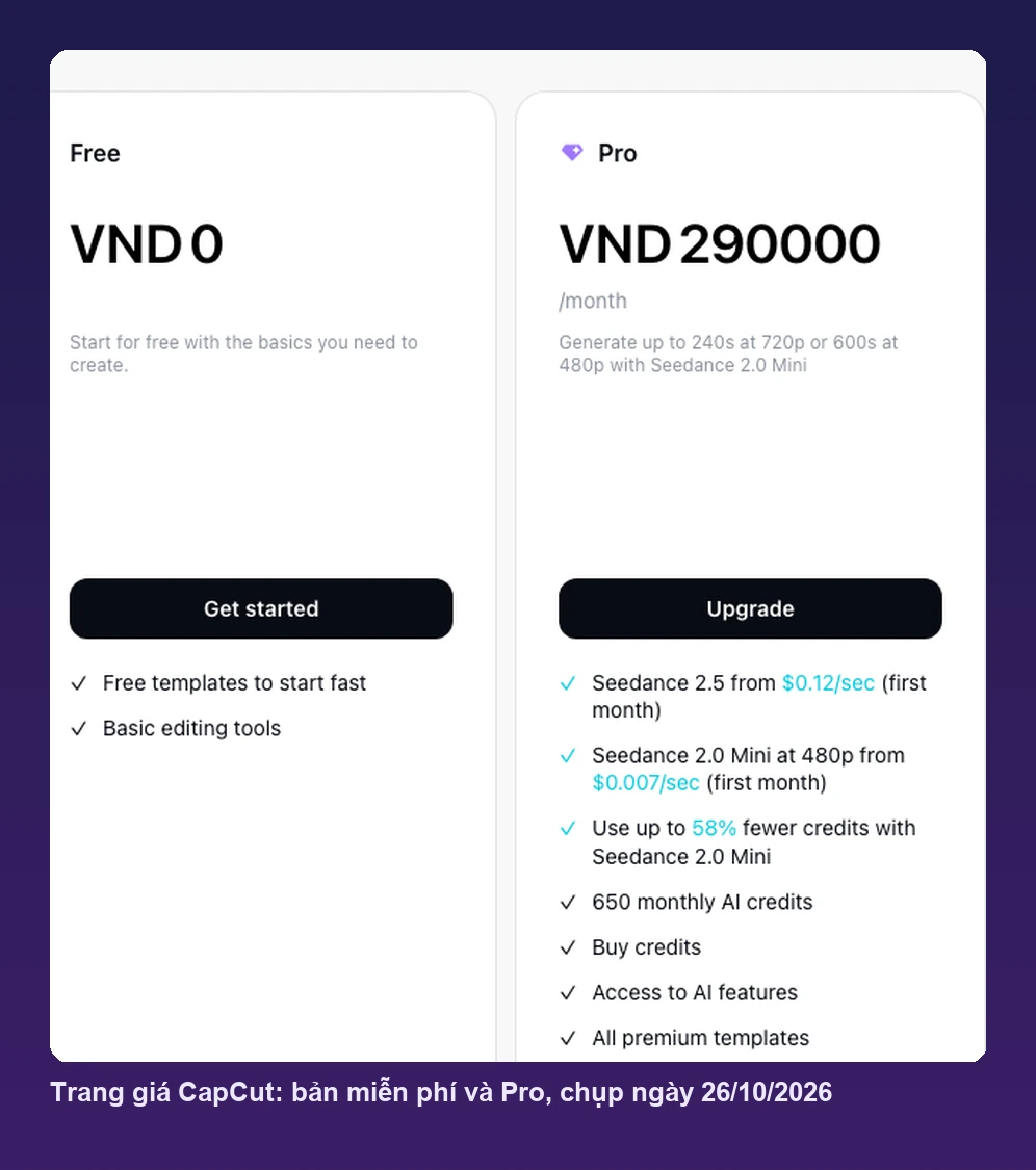 Trang giá CapCut với bản miễn phí và bản Pro 290.000 đồng mỗi tháng