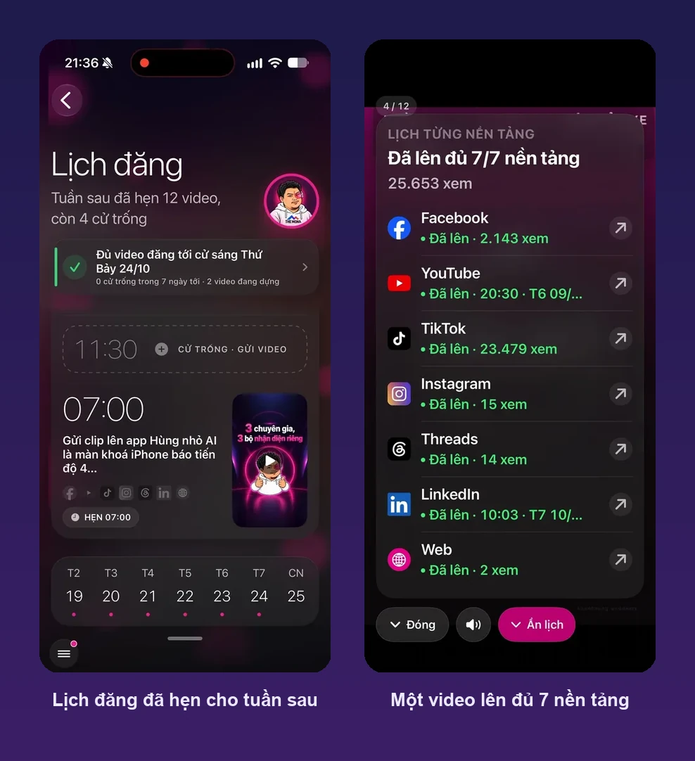 Lịch đăng video tuần sau và một video AI dựng đã lên đủ 7 nền tảng