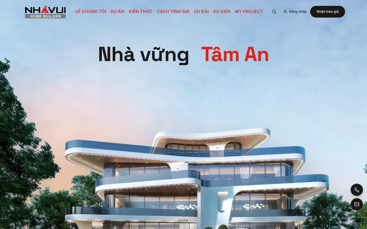 Màn hero website Nhavui Home Builder với dòng Nhà vững Tâm An trên nền công trình biệt thự